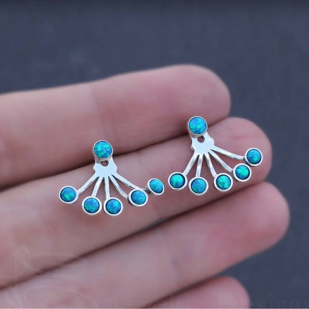 Turquoise Climber Bohemian Hippie 925 Sterling Silver Stone Minimalist Earring - Picture 2 of 6